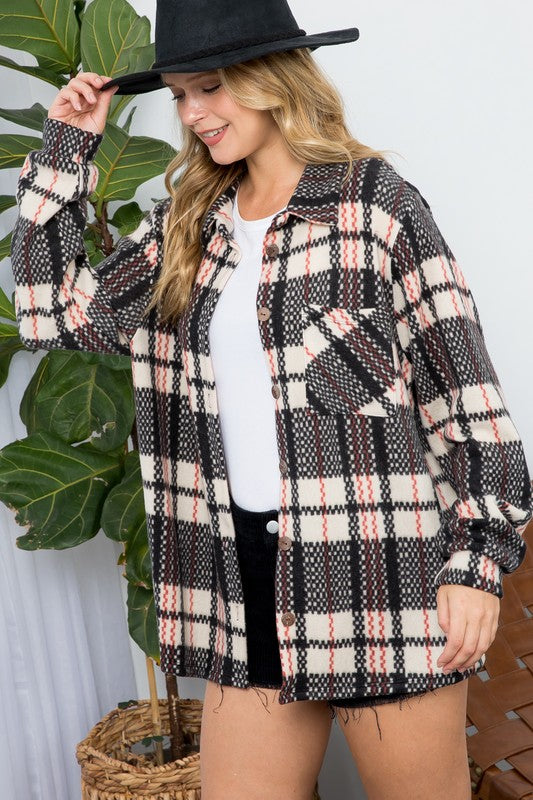 Women's Oversized Fuzzy Plaid Flannel Button Down Shacket