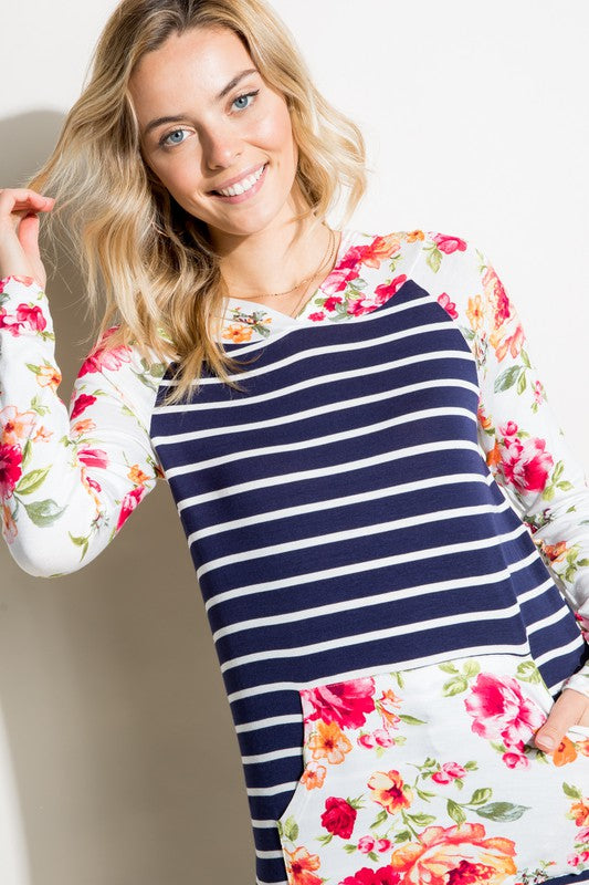 Women's Casual Stripe Floral Mix Hoodie Top