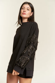 Women's Oversized Silver Studded Fringe Sleeve Top