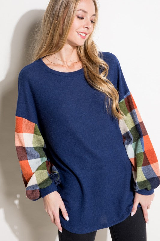 Plus Size Casual Multi Plaid Mixed Long Sleeve Top