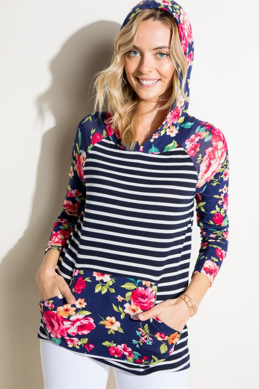 Women's Casual Stripe Floral Mix Hoodie Top