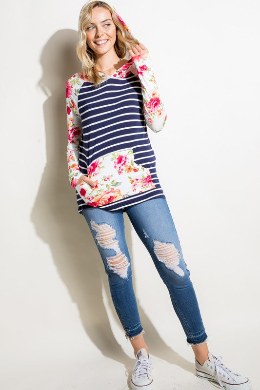 Women's Stripe Floral Mix Hoodie Top