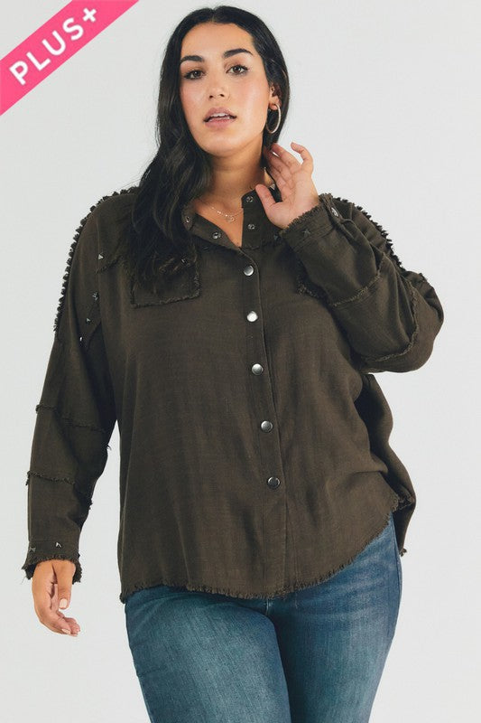 Plus Size Oversized Distressed Hem Button-Down Shirt