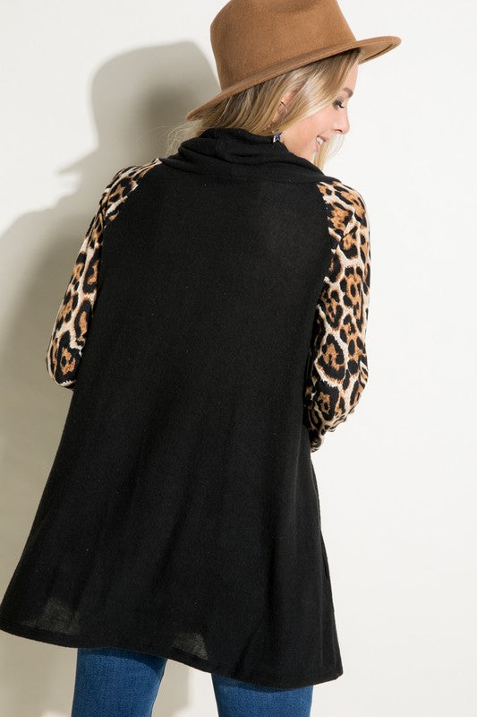 Women's Brushed Hacci Cheetah Print and Solid Mixed Turtle Neck Tunic Top