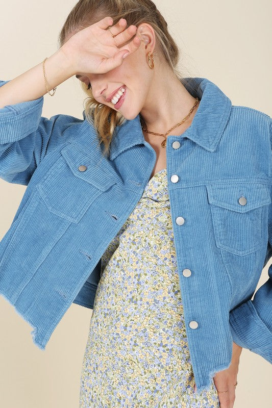 Women's Frayed Corduroy Button-Up Jacket