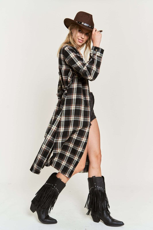 Women's Belted Plaid Print Long Shirt Dress