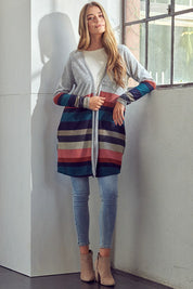 Women's Open Front Brushed Stripe Cardigan with Pockets