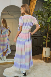 Women's Ombre Striped V-Neck Maxi Dress with Puff Sleeves