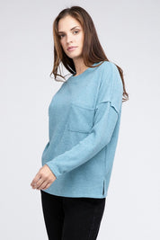 Women's Oversized Ribbed Melange Hacci Sweater with Pocket