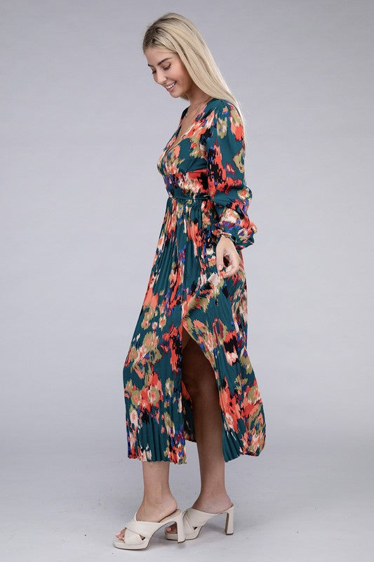 Floral Satin Pleated Maxi Dress