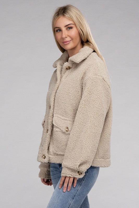 Women's Relaxed Fit Cozy Sherpa Button-Front Jacket