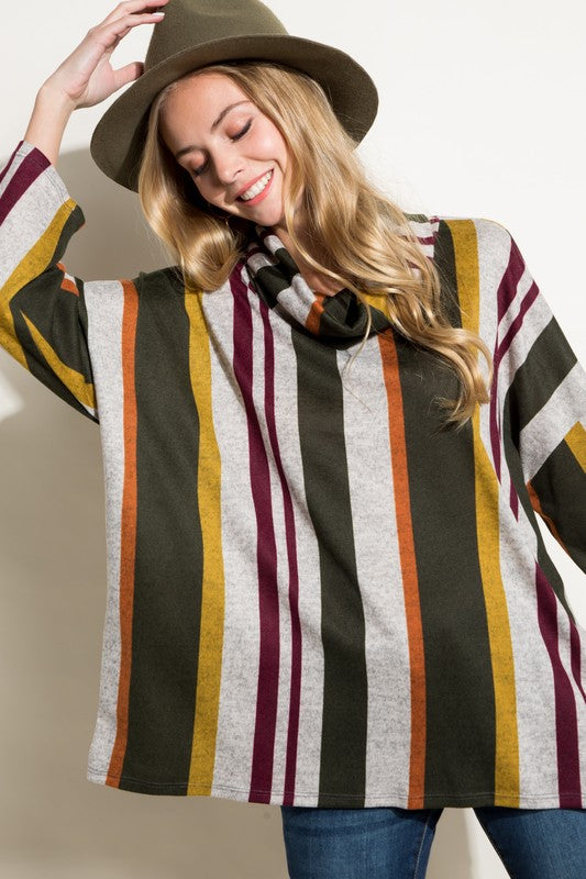 Women's Oversized Multi Stripe Turtle Neck Long Sleeve Top