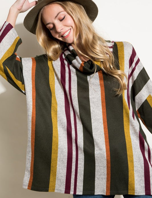 Women's Oversized Multi Stripe Turtle Neck Long Sleeve Top