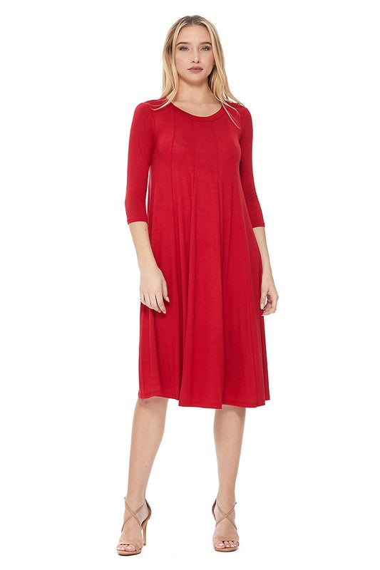 Women's A-Line Jersey Knit Dress with 3/4 Sleeves