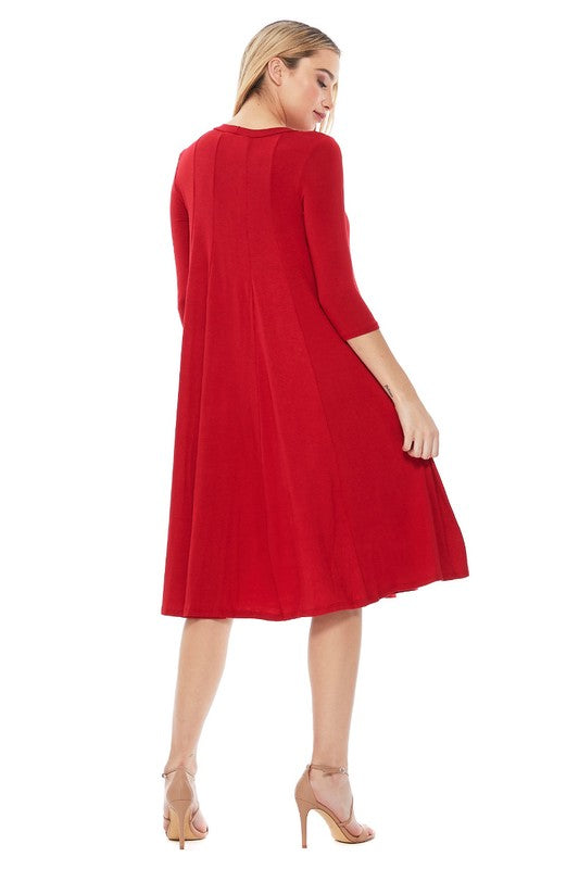 Women's A-Line Jersey Knit Dress with 3/4 Sleeves