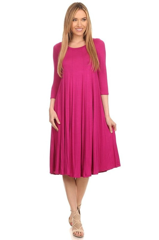 Women's A-Line Jersey Knit Dress with 3/4 Sleeves