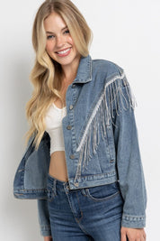 Women's Loose Fit Crop Denim Jacket with Rhinestone Fringe