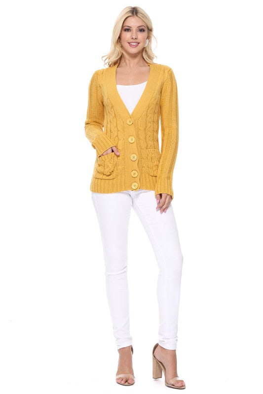 Women's Long Sleeve V-Neck Cable Knit Cardigan with Pockets