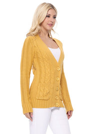 Women's Long Sleeve V-Neck Cable Knit Cardigan with Pockets