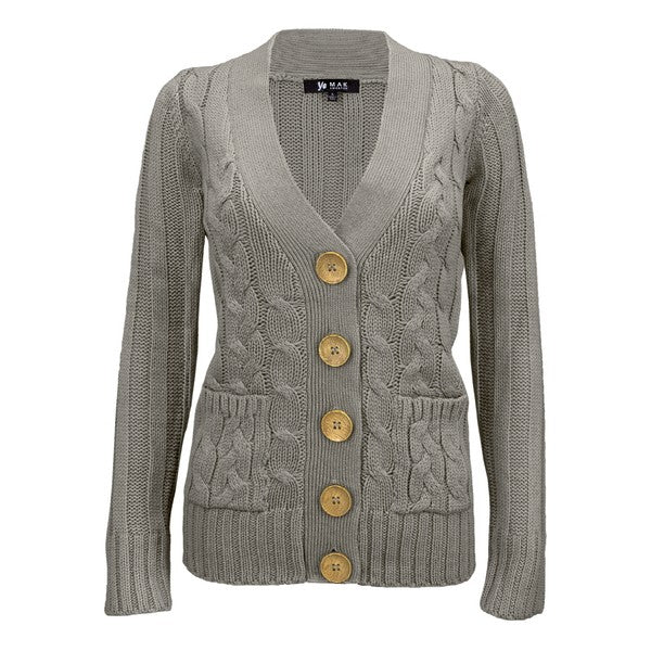 Women's Long Sleeve V-Neck Cable Knit Cardigan with Pockets