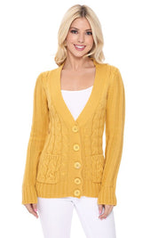 Women's Long Sleeve V-Neck Cable Knit Cardigan with Pockets