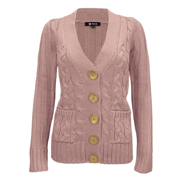 Women's Long Sleeve V-Neck Cable Knit Cardigan with Pockets