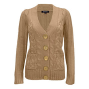 Women's Long Sleeve V-Neck Cable Knit Cardigan with Pockets