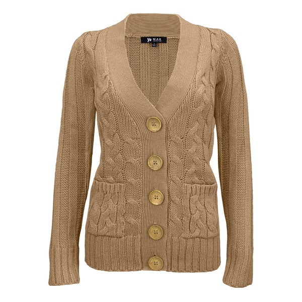 Women's Long Sleeve V-Neck Cable Knit Cardigan with Pockets