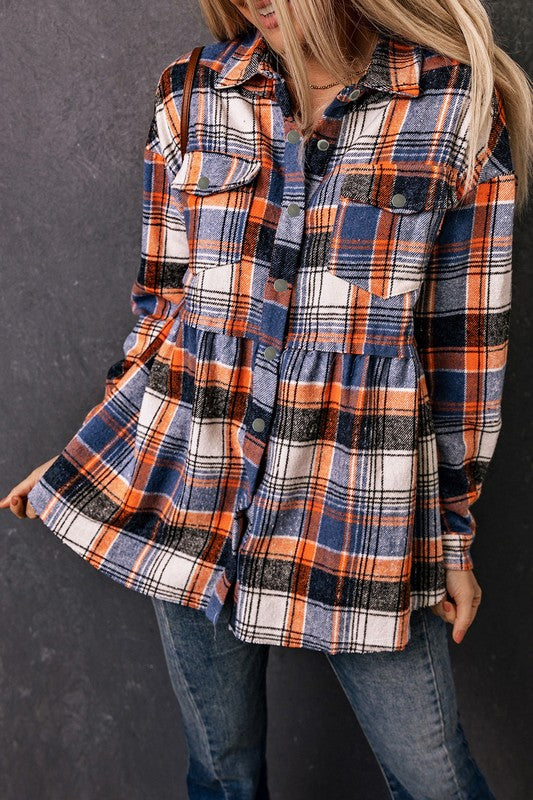 Women's Multicolor Plaid Ruffled Shirt Jacket