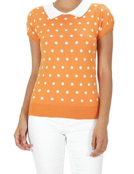 Women's Puffed Cap Sleeve Polka Dot Jacquard Sweater