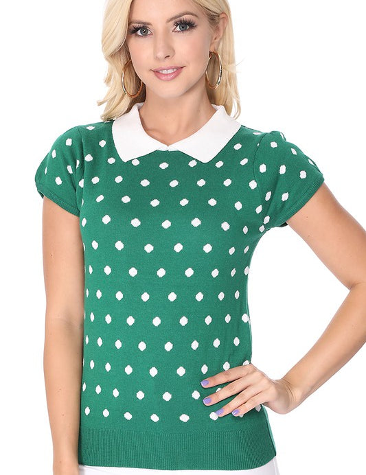 Women's Puffed Cap Sleeve Polka Dot Jacquard Sweater