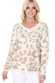 Women's Loose Fit Leopard Jacquard Pullover Sweater