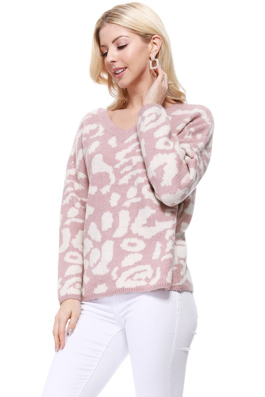 Women's Loose Fit Leopard Jacquard Pullover Sweater