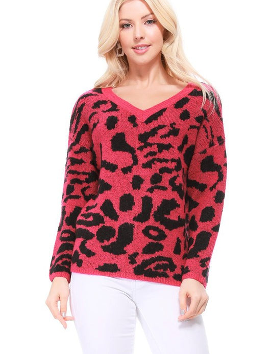 Women's Loose Fit Leopard Jacquard Pullover Sweater