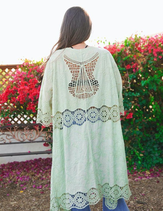 Women's Crochet Open Patch Longline Kimono