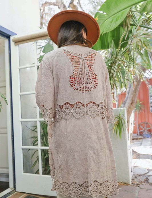 Women's Crochet Open Patch Longline Kimono