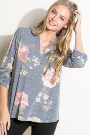 Women's Casual Floral Split Neck Long Sleeve Top