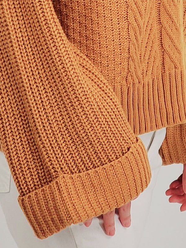 Women's Oversized V Neck Cable Knit Sweater with Bell Sleeves