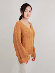 Women's Oversized V Neck Cable Knit Sweater with Bell Sleeves