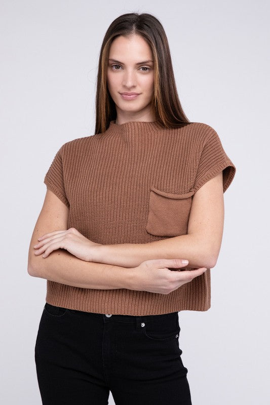 Women's Cropped Mock Neck Short Sleeve Sweater