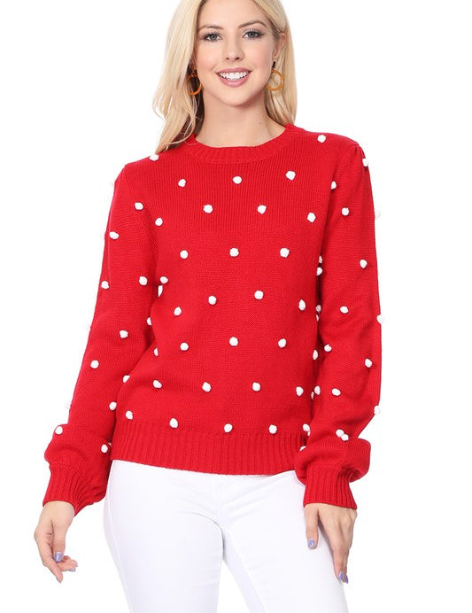 Women's Vintage Pom Pom Crochet Polka Dot Sweater Top