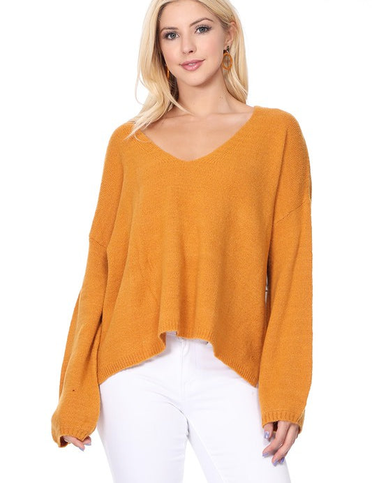 Women's Oversized V Neck Sweater with Side Slit