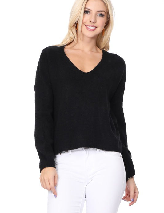 Women's Oversized V Neck Sweater with Side Slit