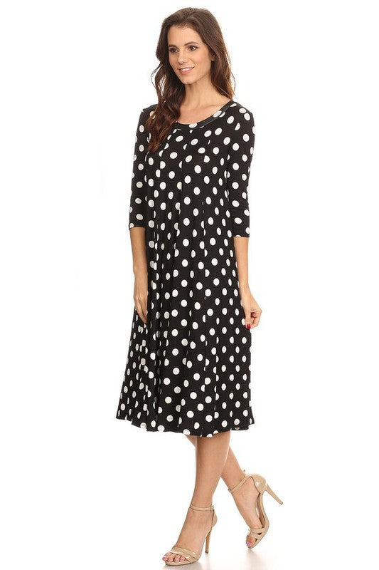 Women's A-Line Midi Dress with Polka Dots and 3/4 Sleeves