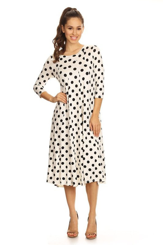 Women's A-Line Midi Dress with Polka Dots and 3/4 Sleeves