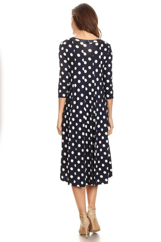 Women's A-Line Midi Dress with Polka Dots and 3/4 Sleeves