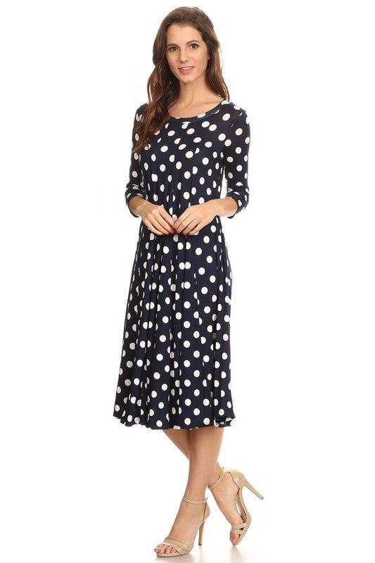 Women's A-Line Midi Dress with Polka Dots and 3/4 Sleeves