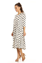 Women's A-Line Midi Dress with Polka Dots and 3/4 Sleeves