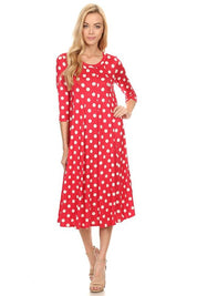 Women's A-Line Midi Dress with Polka Dots and 3/4 Sleeves