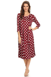 Women's A-Line Midi Dress with Polka Dots and 3/4 Sleeves